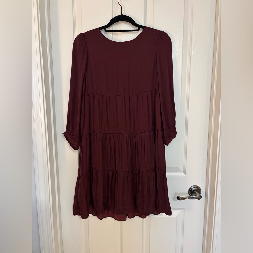 fab'rik Burgundy Tiered Long Sleeve Dress